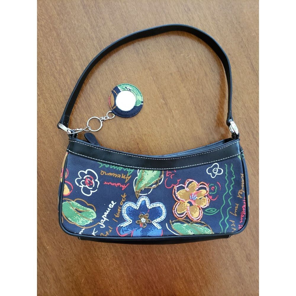 Ego Purse Floral Fabrics Beaded Navy Blue‎ Leather Strap Stitched Trim